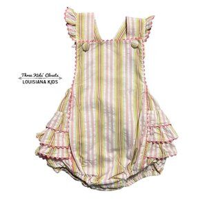 Surcie 18m Pink & Green Striped Ruffle Bubble Romper